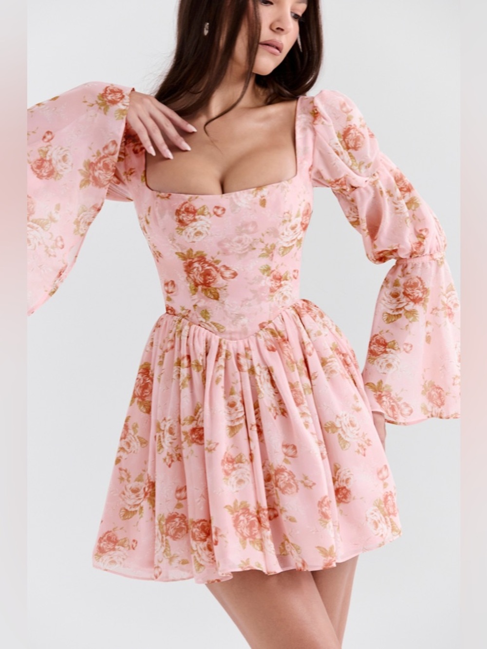 SOLD - House of CB SANCIA English Vintage Rose Print Puff Sleeve Mini Dress - Picture 3 of 11